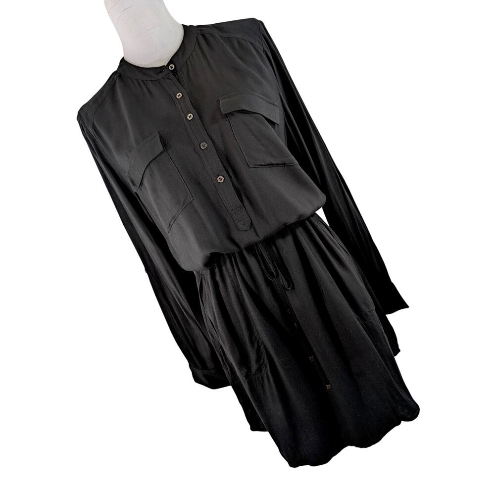 NWT! LOU & GREY! ADORABLE BLACK BUTTON UP SLEEVE, DRAWSTRING WAIST L/S DRESS! M
